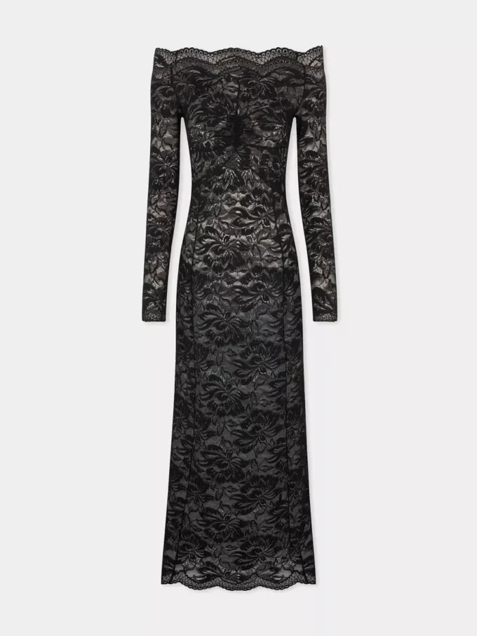 Abito lungo nero in pizzo con collo bardot