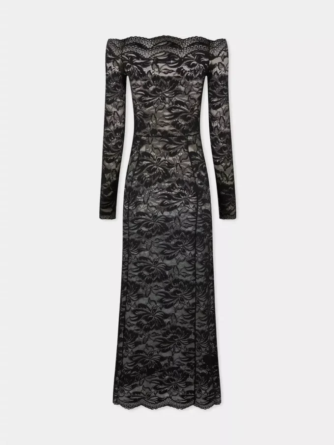 Abito lungo nero in pizzo con collo bardot
