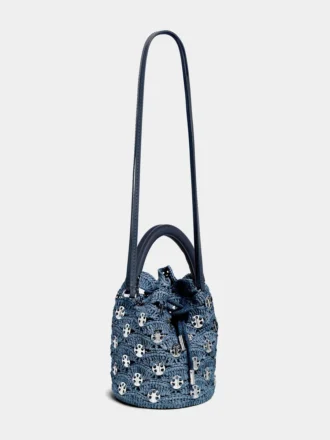 Borsa a secchiello in rafia blu denim