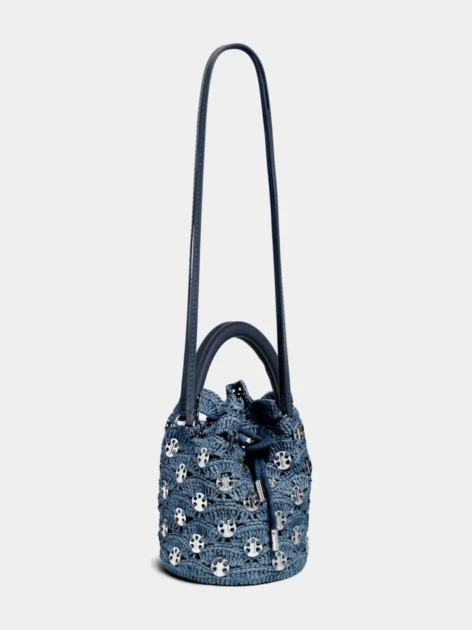 Borsa a secchiello in rafia blu denim Borsa a secchiello in rafia blu denim
