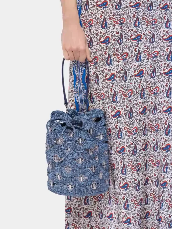 Borsa a secchiello in rafia blu denim Borsa a secchiello in rafia blu denim
