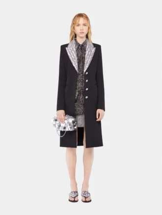 Cappotto lungo in lana con collo in paillettes