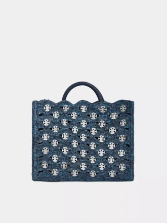 Borsa tote blu denim in rafia