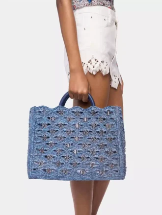 Borsa tote blu denim in rafia