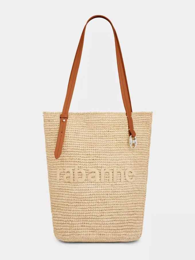 Borsa tote in rafia beige con logo