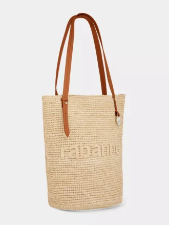 Borsa tote in rafia beige con logo
