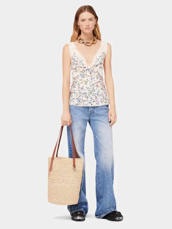 Borsa tote in rafia beige con logo