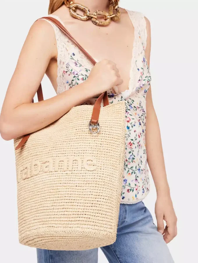 Borsa tote in rafia beige con logo