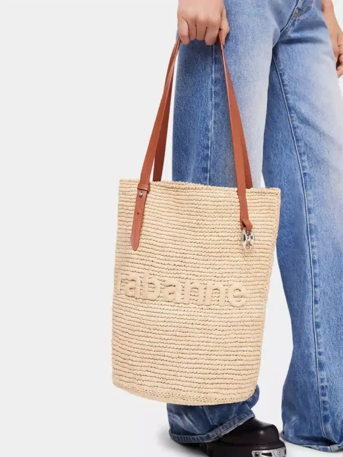 Borsa tote in rafia beige con logo