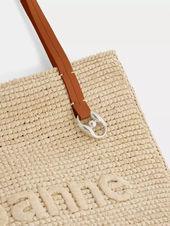 Borsa tote in rafia beige con logo