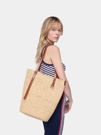 Borsa tote in rafia naturale con ciondoli