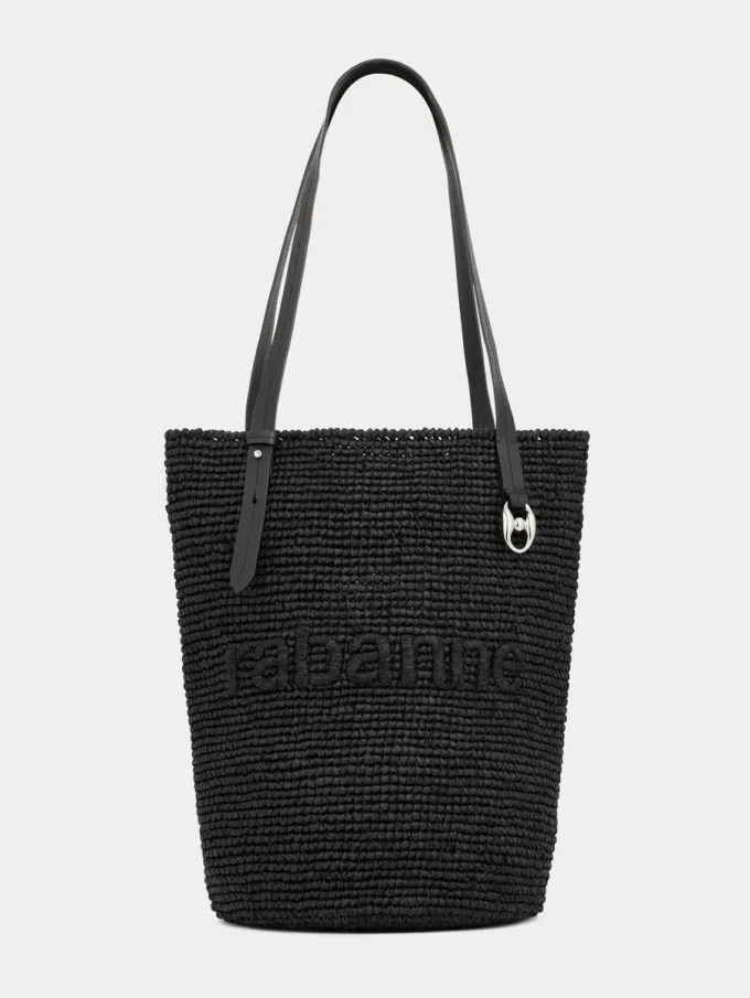 Borsa tote in rafia nera con logo