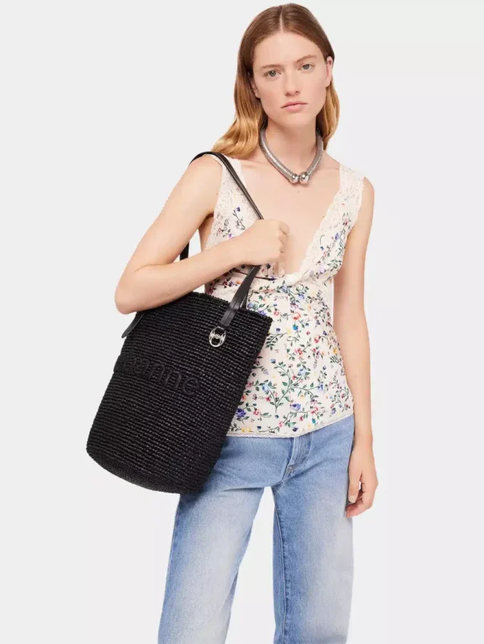 Borsa tote in rafia nera con logo
