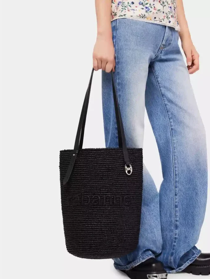Borsa tote in rafia nera con logo