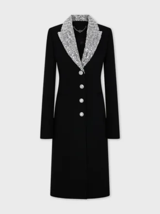 Cappotto lungo in lana con collo in paillettes