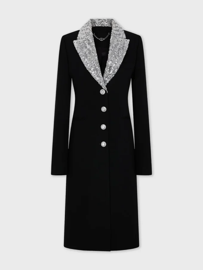 Cappotto lungo in lana con collo in paillettes