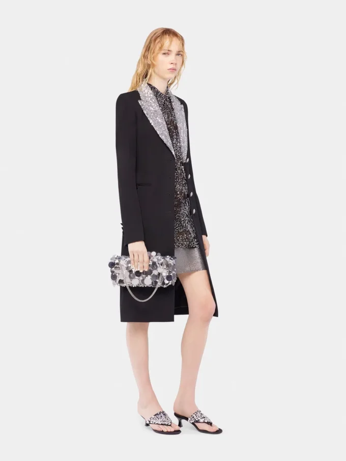 Cappotto lungo in lana con collo in paillettes