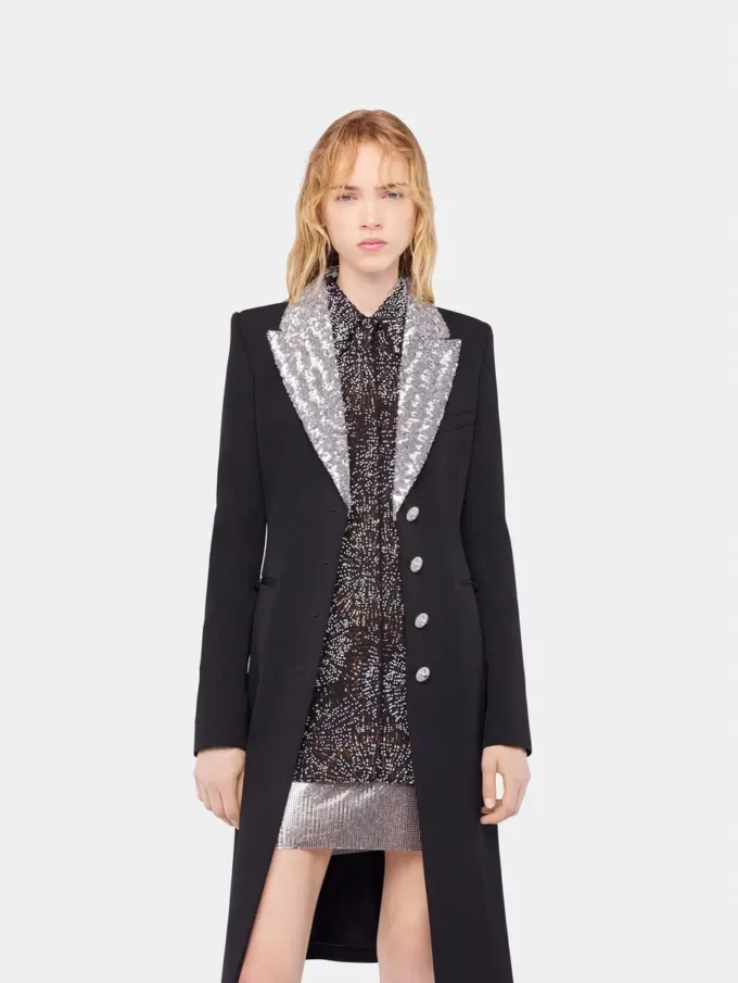 Cappotto lungo in lana con collo in paillettes