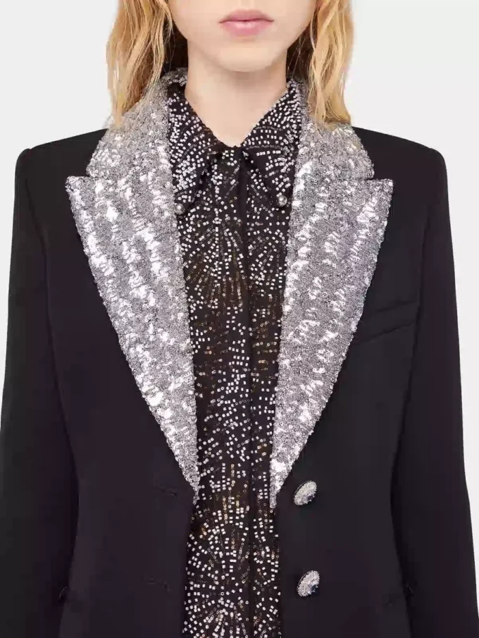 Cappotto lungo in lana con collo in paillettes