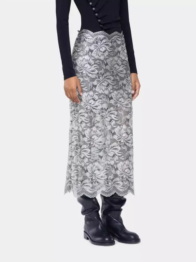 Gonna midi in pizzo argento