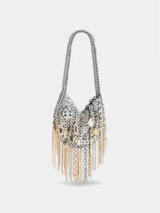 Iconica borsa Moon del 1969 in argento assemblata con pampilles metalliche