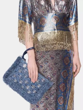 Pochette in rafia blu denim