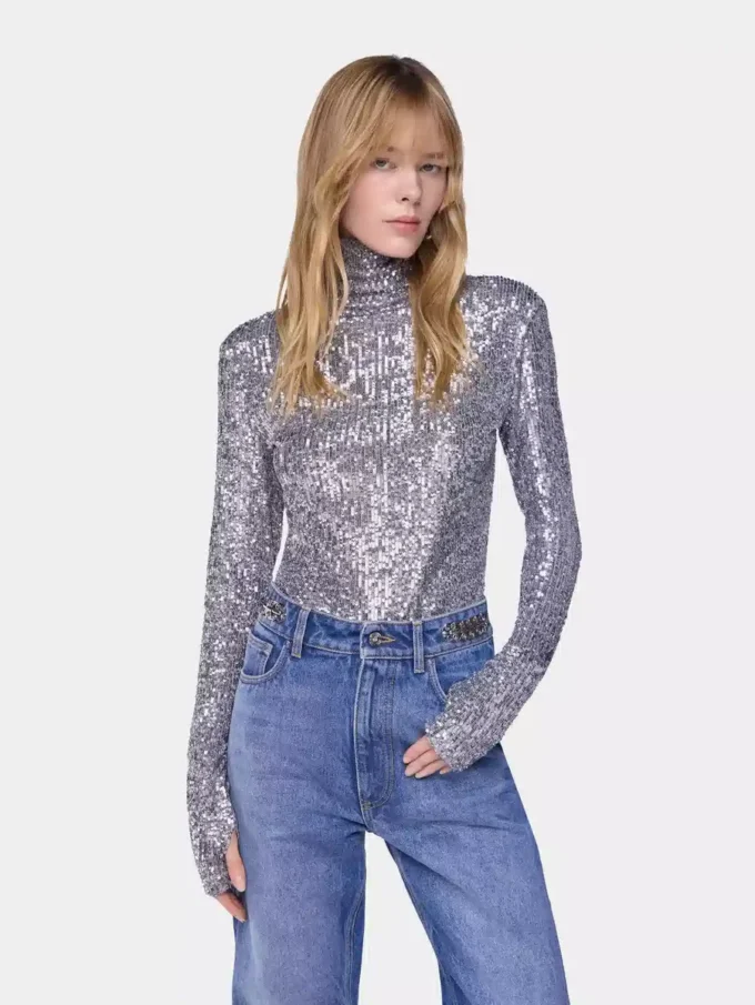 Top a collo alto con paillettes