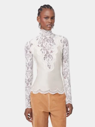Top lungo color avorio in pizzo e jersey