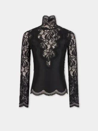 Top nero a maniche lunghe in pizzo e jersey