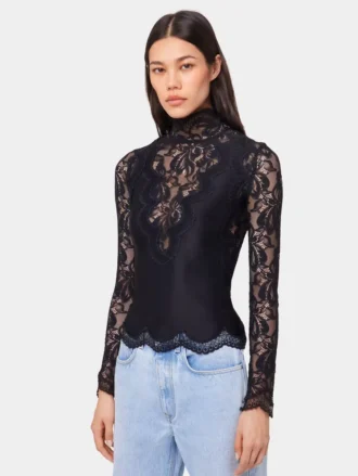Top nero a maniche lunghe in pizzo e jersey